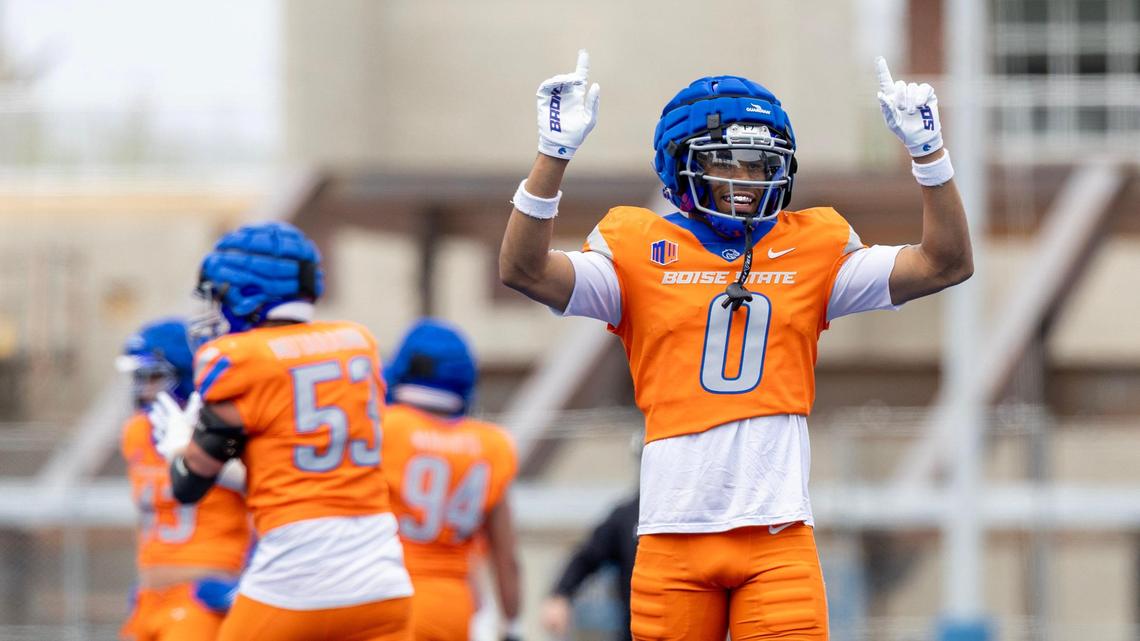 Boise State defensive back Ty Benefield reacts to a defensive play during the spring football game Saturday at Albertsons Stadium.
