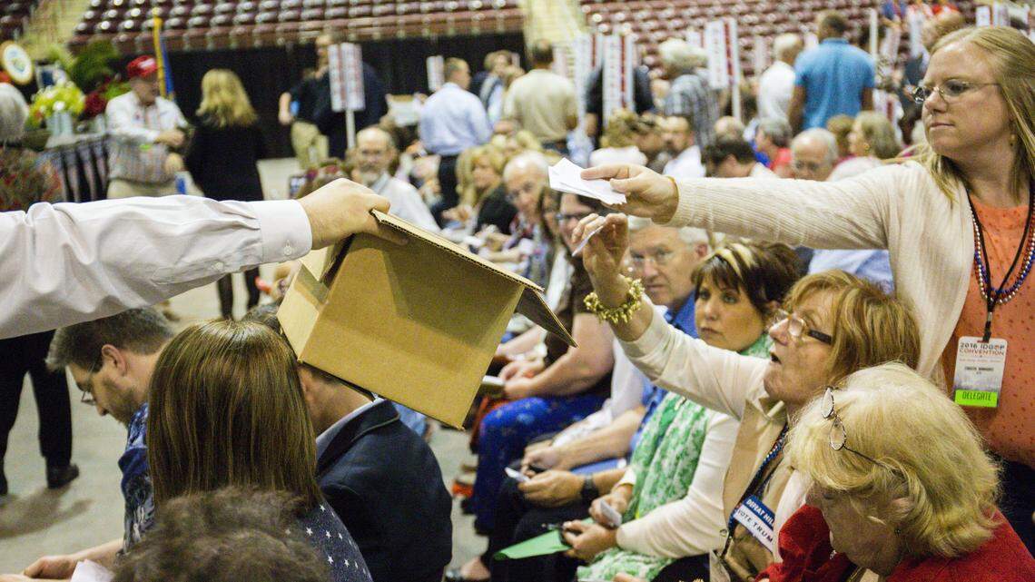 Delegates cast their votes for chairman during the 2016 Idaho Republican Party Convention in Nampa.