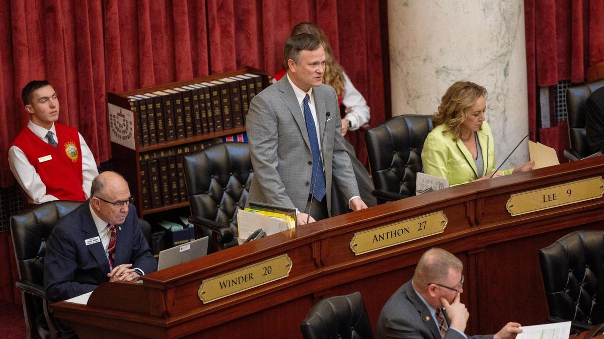 Sen. Kelly Anthon, R-Burley, speaks during the Senate session, Tuesday. Feb. 13, 2024.