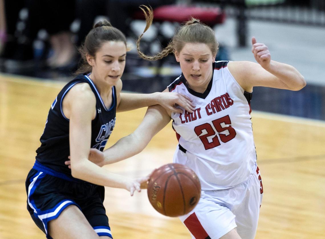 Cole Valley Christian’s Ellie Fraas fights up the court during the 2020 2A state championship.