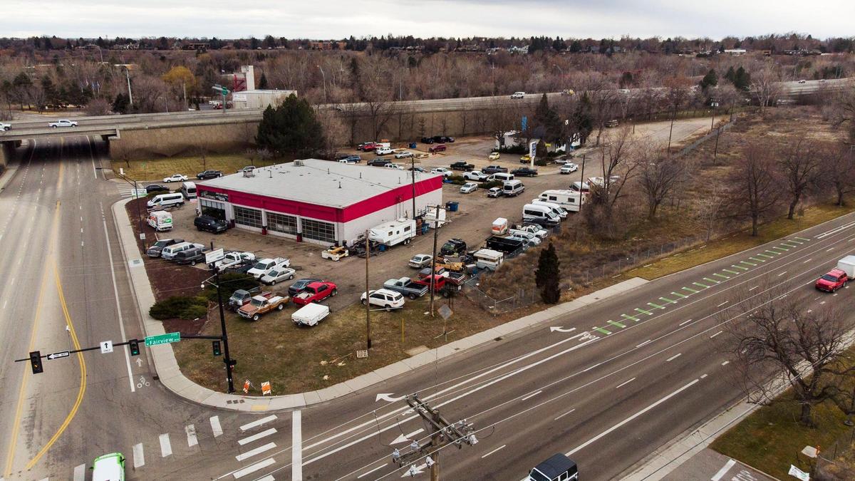 Kal Pacific, a California-based developer, is proposing a project that would include two seven-story apartment buildings and a four-story office building on this site at 27th Street and West Fairview Avenue in Boise. This view looks south, with 27th Street at left and the Interstate 184 Connector in the background.