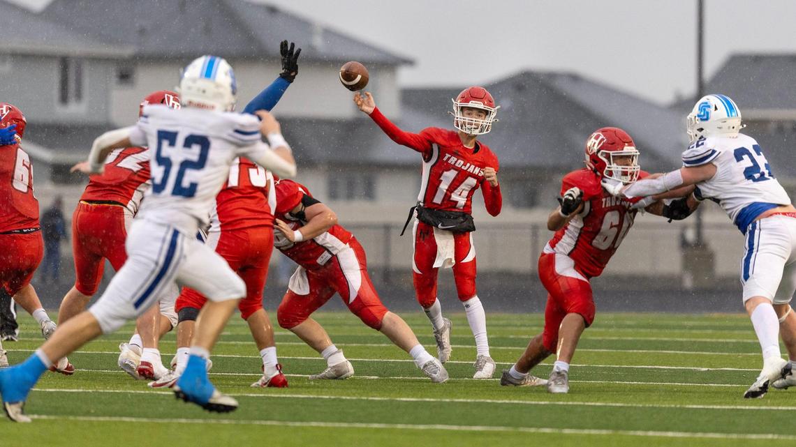 Homedale senior quarterback Xavier Uranga throws a pass in the 4A state championship game against Sugar-Salem at Middleton High School on Saturday.