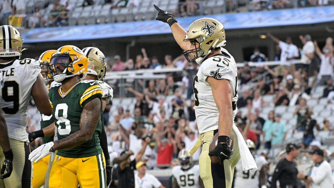 New Orleans Saints linebacker Kaden Elliss celebrates after recovering a fumble by Green Bay quarterback Jordan Love late in the game Sunday. Elliss is a former linebacker for the University of Idaho.