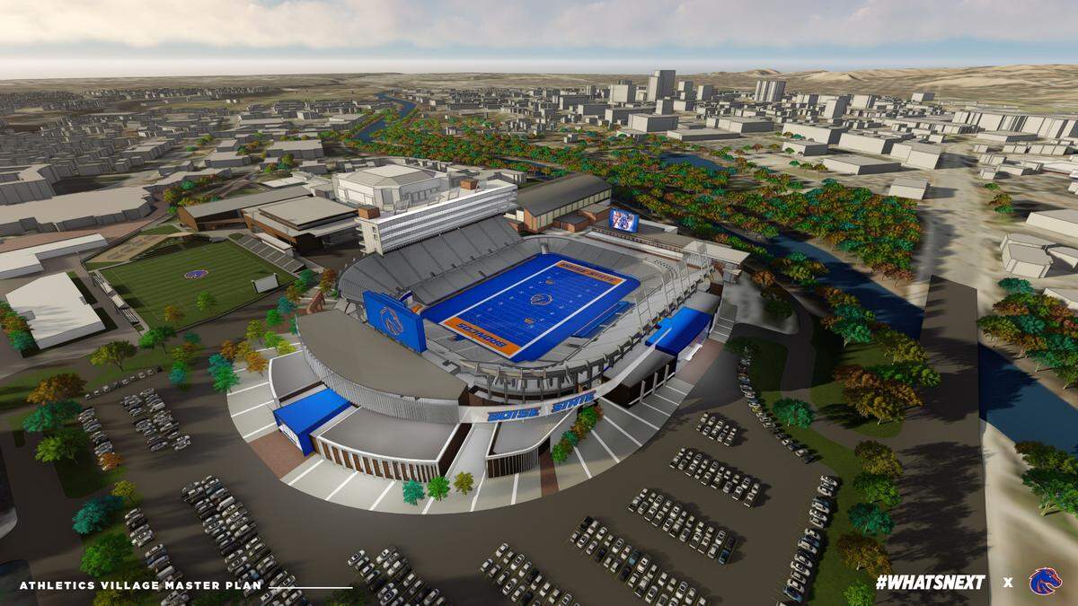 A rendering of what Albertsons Stadium and Boise State’s athletic village may look like if the project the university announced on Thursday comes to fruition.