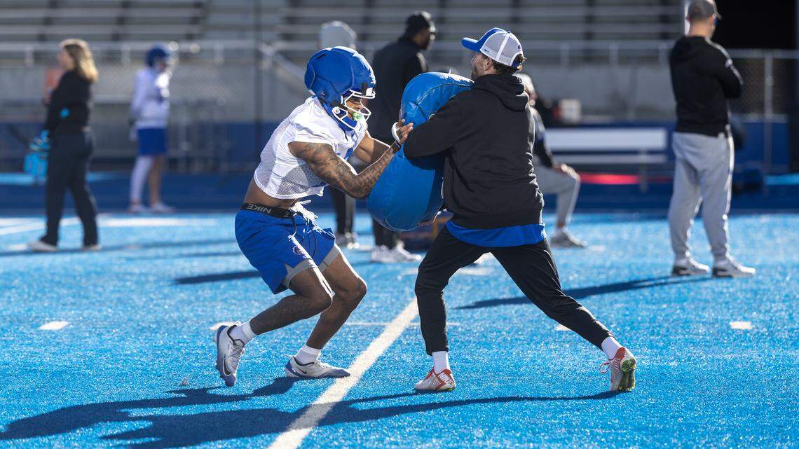 Boise State University wide receiver Darren Morris, a transfer from FCS Southern University, does a drill during practice.