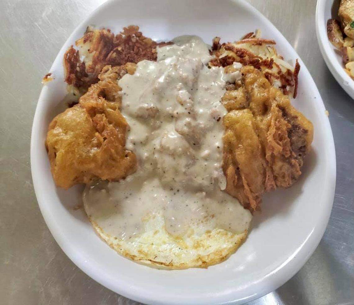 Chicken Fried Steam at Moe Joe’s: “No frozen patty here,” the restaurant said on Facebook. “Steak is cubed in house, breaded, and fried and topped with homemade gravy. We don’t do frozen or prepackaged like those other guys. Comes with your choice of potatoes, toast, and eggs.”