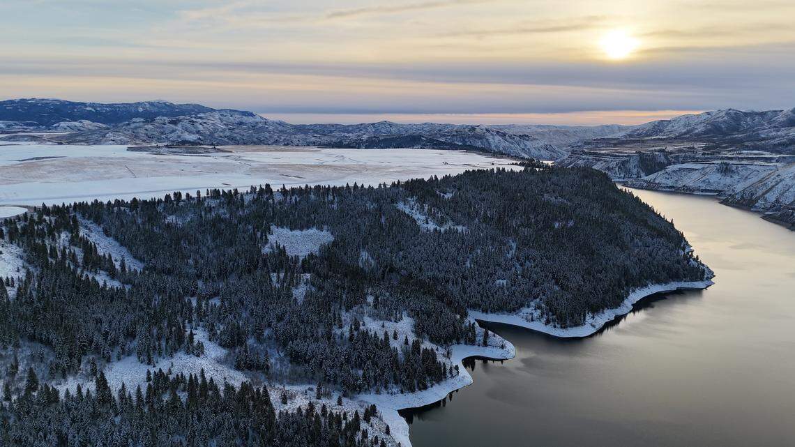 The property overlooks the Anderson Ranch Reservoir, as seen in this south-facing aerial view.