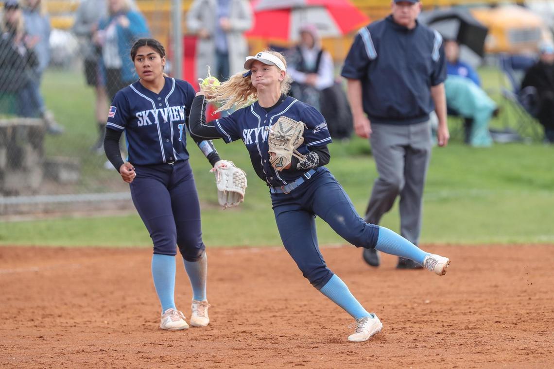 Skyview shortstop Delaney Keith fires a throw to first base Saturday in the 5A state championship game.