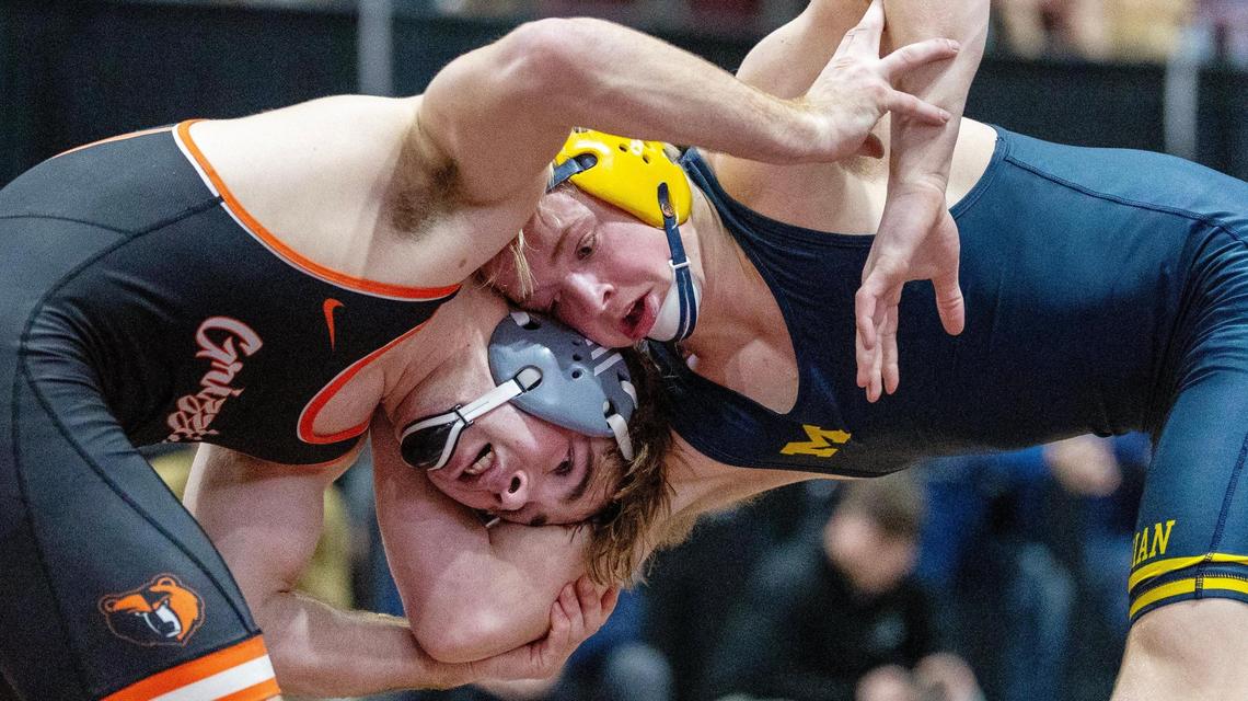 Fruitland senior Kaden MacKenzie, left, and Meridian junior Logan Shaver are both No. 1 seeds in their classifications at the high school wrestling tournaments this weekend in Pocatello.