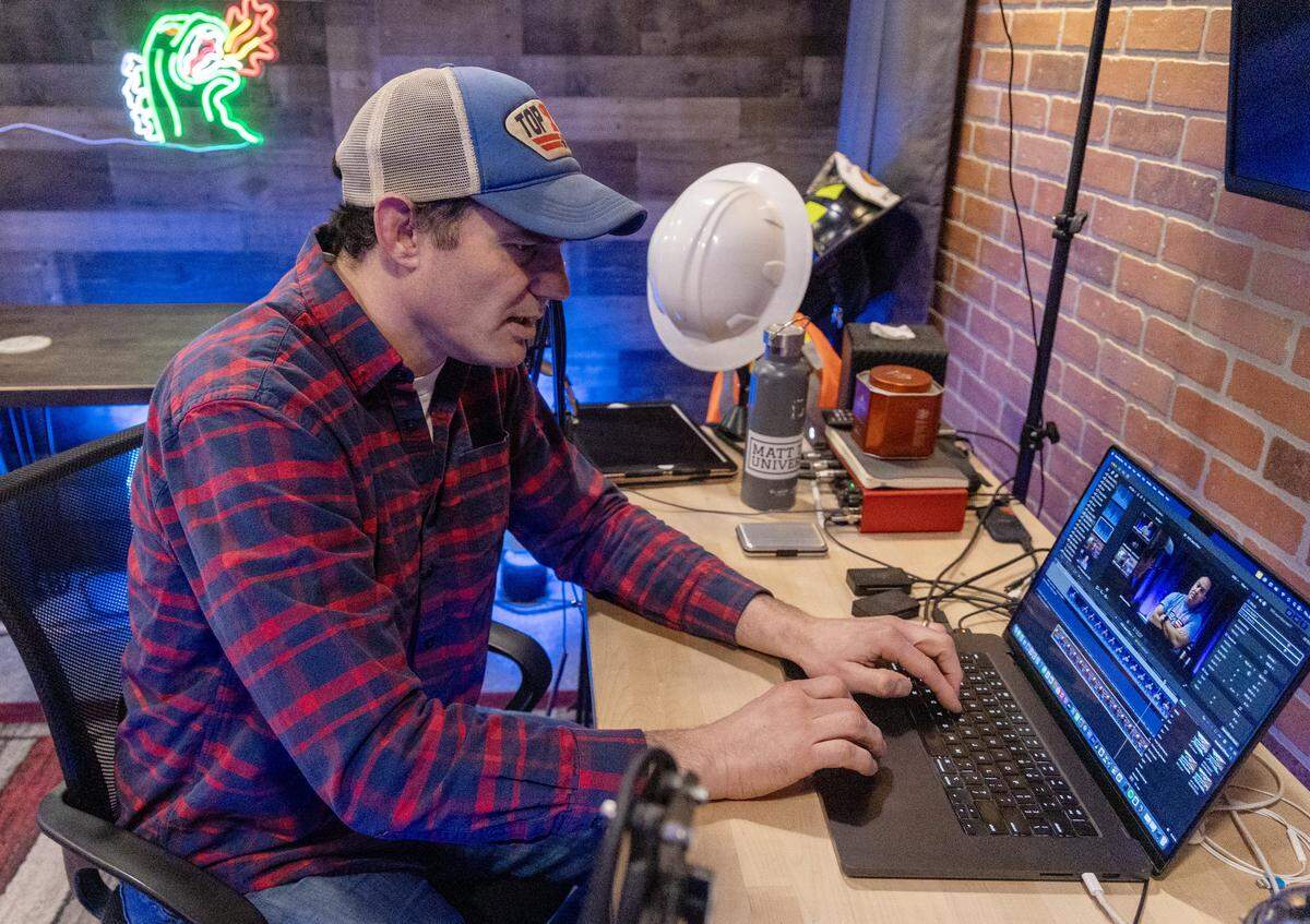Matt Todd, host of The Ranch podcast, puts together a new episode at his Boise-area studio, Jan. 8, 2026. The Ranch podcast has featured interviews with many Idaho politicians and public figures.