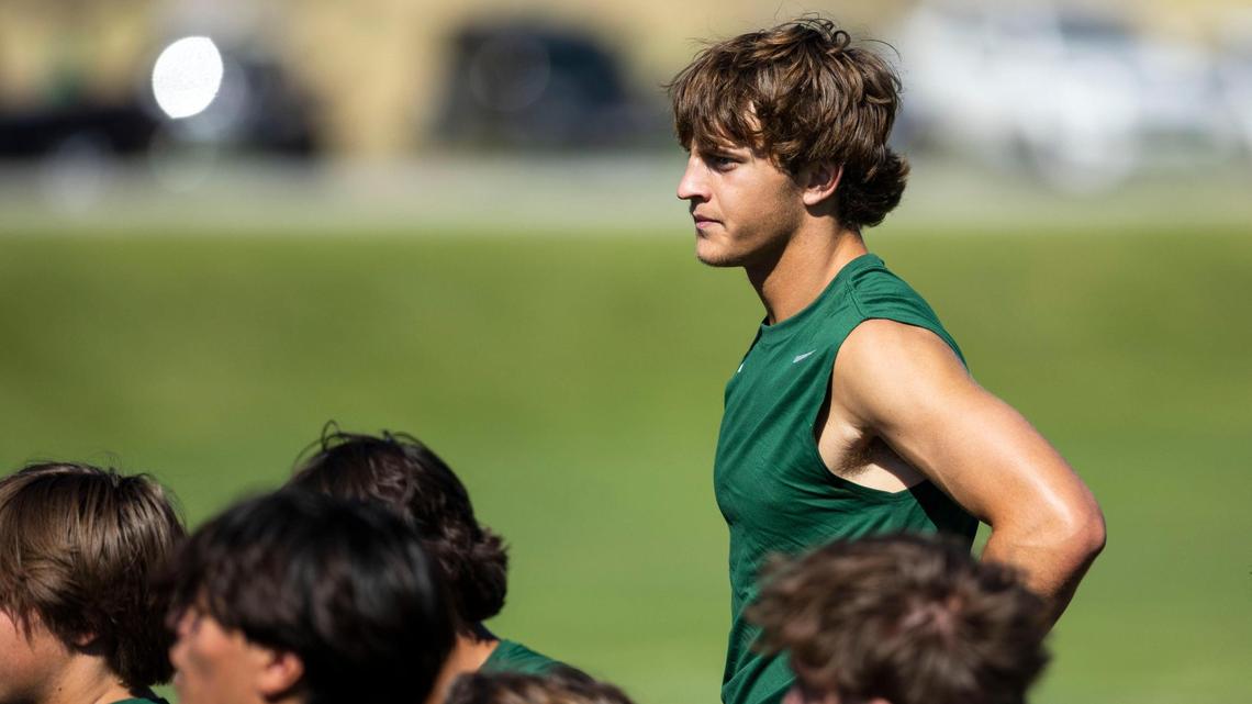 Davis Harsin, the son of former Boise State coach Bryan Harsin, returned to Eagle in January and enters the fall as the Mustangs’ projected starting quarterback. Above, he watches over his teammates during the Famous Idaho Potato Bowl 7-on-7 Tournament on Friday at the Optimist Youth Sports Complex.