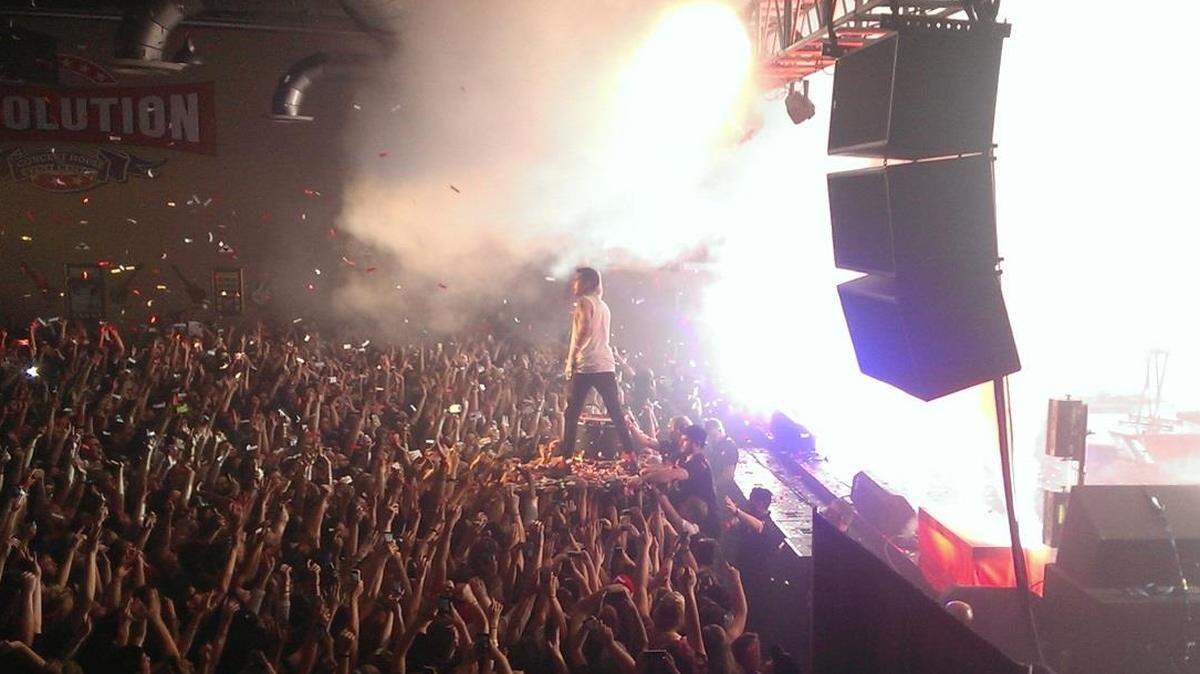 Twenty One Pilots performing in 2015 at the Revolution Concert House and Event Center in Garden City, Idaho. The venue, which holds 2,200 people, opened in 2012.