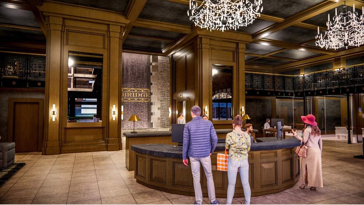 The rendering shows a lobby section of the Bridge at The Village.