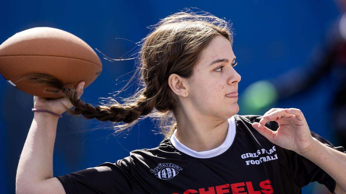 Girls on the Rocky Mountain flag football team play and exhibition game on the Blue turf of Albertsons Stadium organized by Optimist Youth Football at the end of the Broncos' annual spring game, Saturday, April 25, 2026.