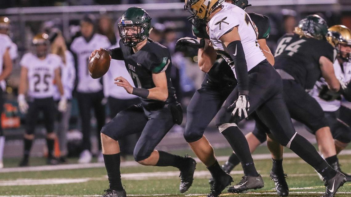 Eagle sophomore quarterback Mason McHugh tied program records for touchdown passes (six) and total TDs (seven) in the Mustangs’ 52-32 win over Capital in the first round of the 5A state playoffs. 