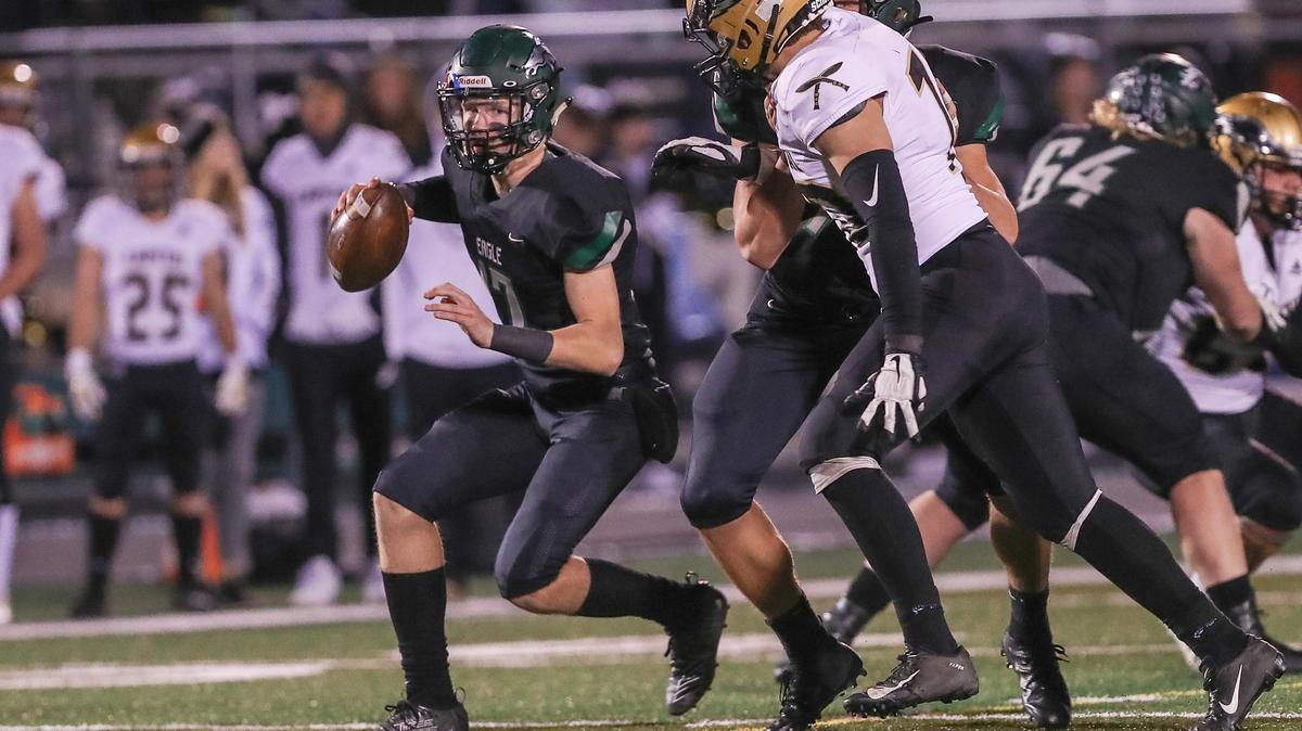 Eagle sophomore quarterback Mason McHugh tied program records for touchdown passes (six) and total TDs (seven) in the Mustangs’ 52-32 win over Capital in the first round of the 5A state playoffs. 