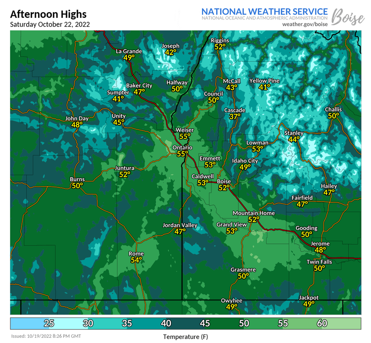 High temperatures throughout Boise will be approximately 20 to 25 degrees lower than they were on Thursday.