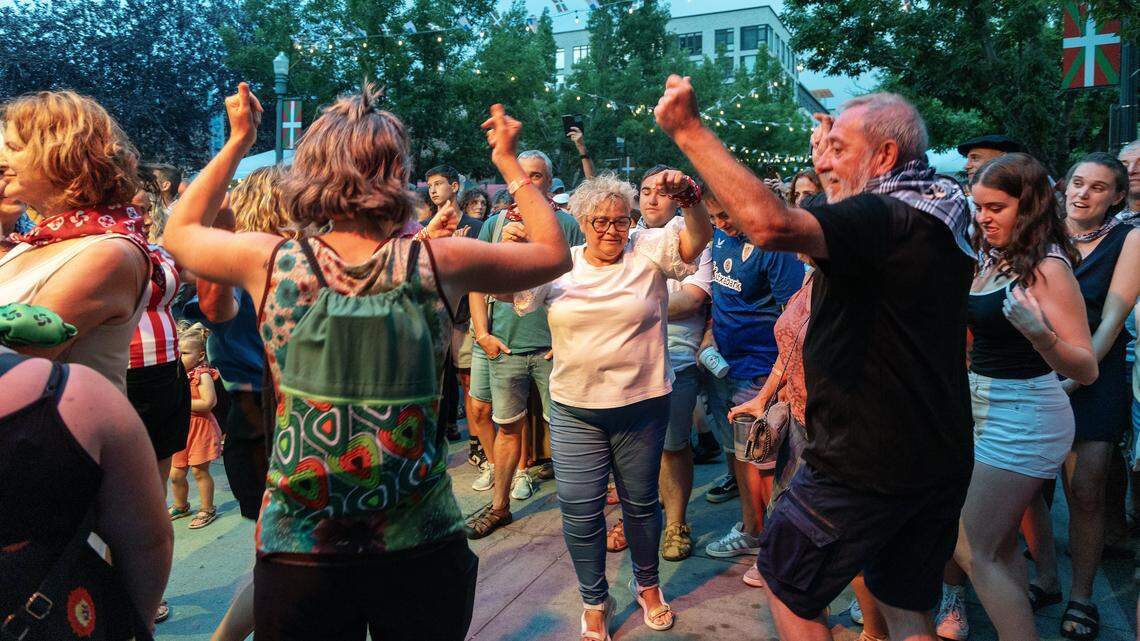 People dance to Basque folk music at Boise's Basque Block downtown during Jaialdi, Thursday, July 31, 2025.