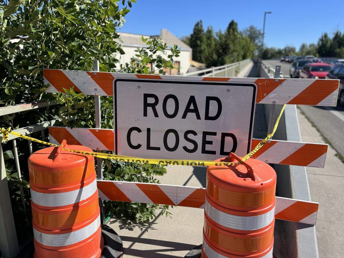 The pedestrian area on the east side of the Parkcenter Bridge is closed because of a damaged railing.