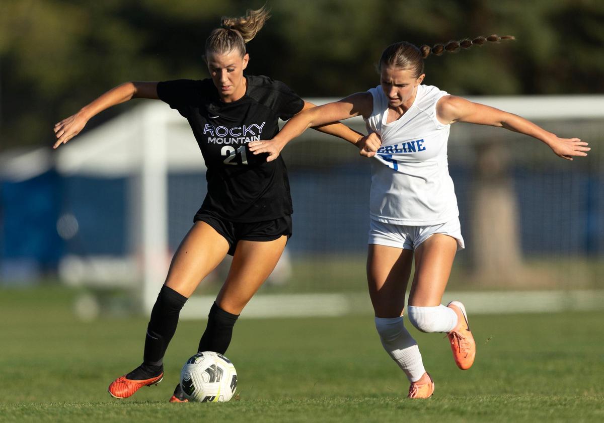 Timberline defender Maura Walters, right, and Rocky Mountain forward Dilynn Revelle battle for control of the ball in the 6A District Three semifinals last season. 