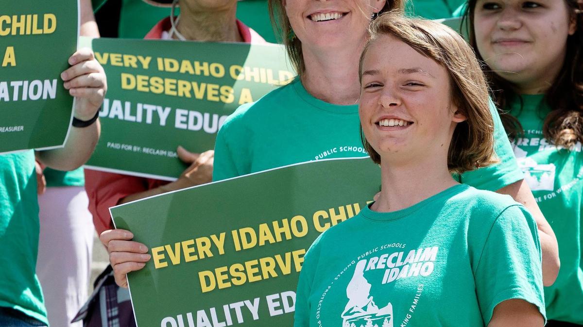 Anise Welty, 13, waits to speak at a Reclaim Idaho press conference at the Idaho Capitol in July. With her mother, Welty helped to collect a portion of the over 100,000 signatures for the group’s Quality Education Act initiative.