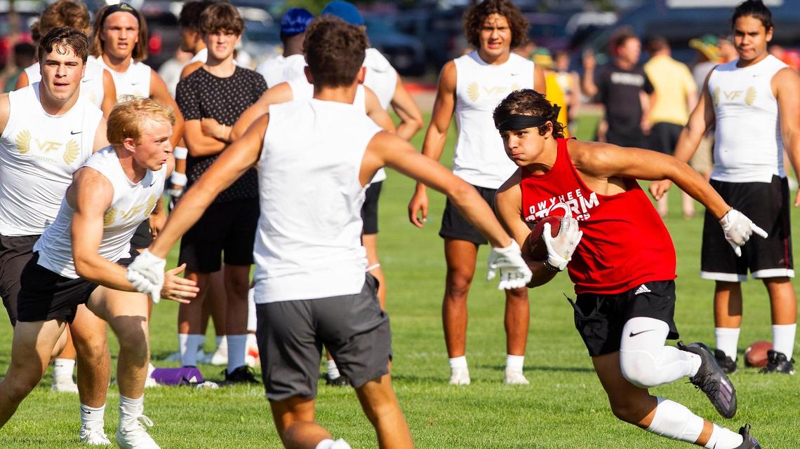 Owyhee High’s Cade Walker turns up field during the Famous Idaho Potato Bowl 7-on-7 Tournament on Friday at the Optimist Youth Sports Complex. Owyhee will open this fall as the newest high school in the Treasure Valley.