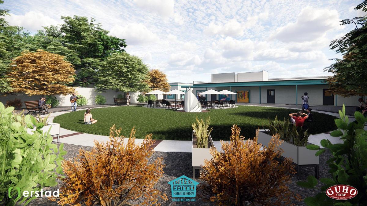 A rendering shows a design for a park area at the future Interfaith Sanctuary homeless shelter could look like.