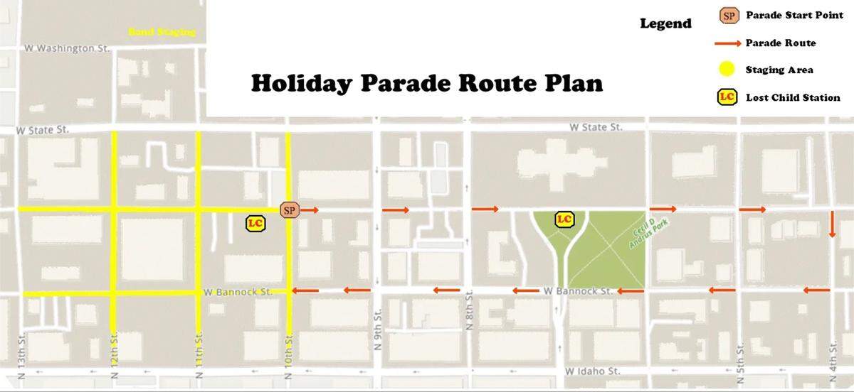 A map of the annual Boise Holiday Parade in front of the Idaho capitol building. Residents are advised to plan accordingly.