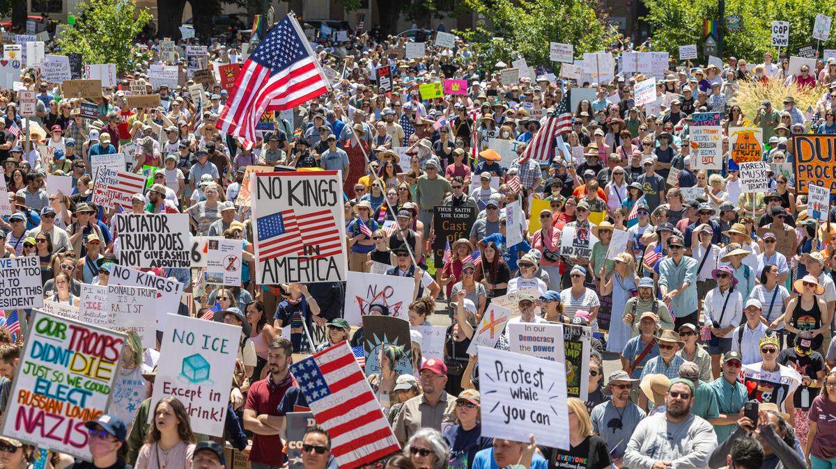 Thousands of protesters gathered outside of the Idaho Capitol Building in Boise Saturday, June 14, 2025 as part of the national “No Kings” protests against President Donald Trump and his administration.