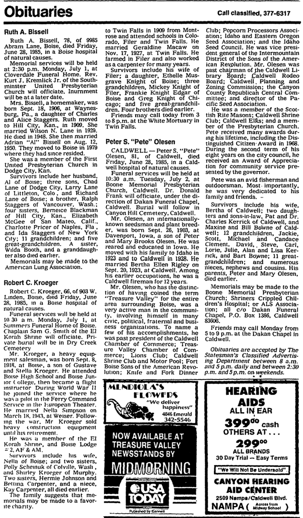 The obituary for Pete Olesen in the Idaho Statesman from June 1985.