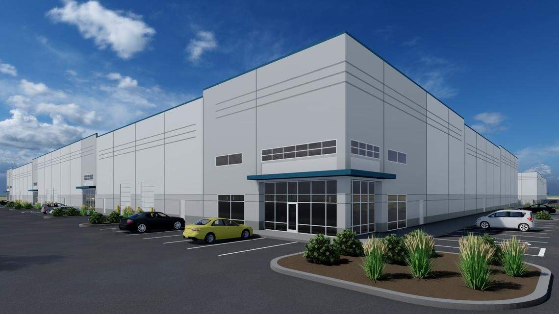 An architect’s rendering of the AI Northside Industrial Park being built one mile north of the I-84 interchange at Northside Boulevard by Boise developer Adler Industrial LLC.