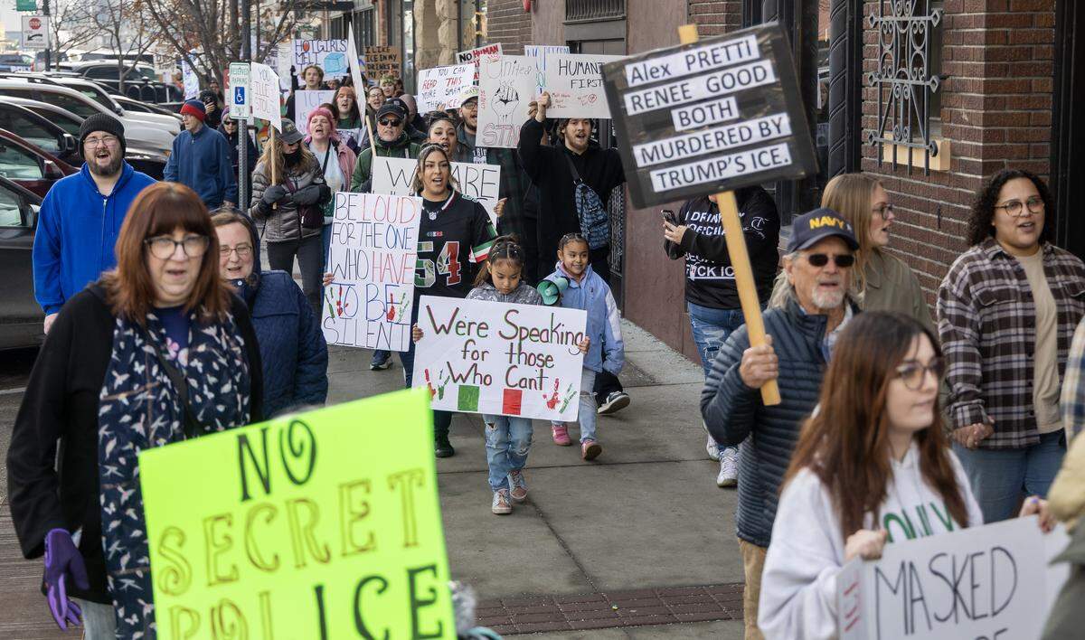 Demonstrators protest against ICE in downtown Caldwell, Jan. 31, 2026.