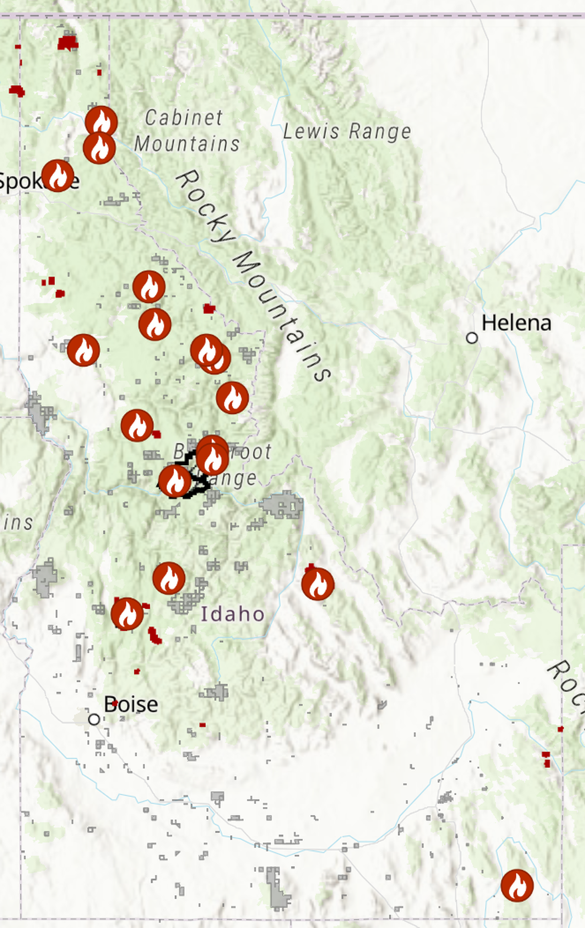 This wildfire map shows the locations of active wildfires in red, and the perimeters of previous wildfires that are now extinguished and will exhibit burn scars in grey.