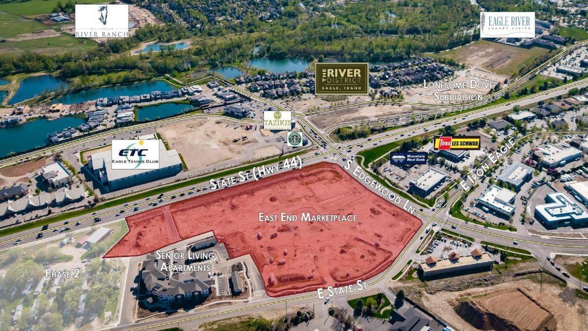 The development site in this aerial image, which looks south, is outlined in the center, bordered by Idaho 44, Edgewood Lane and East State Street.
