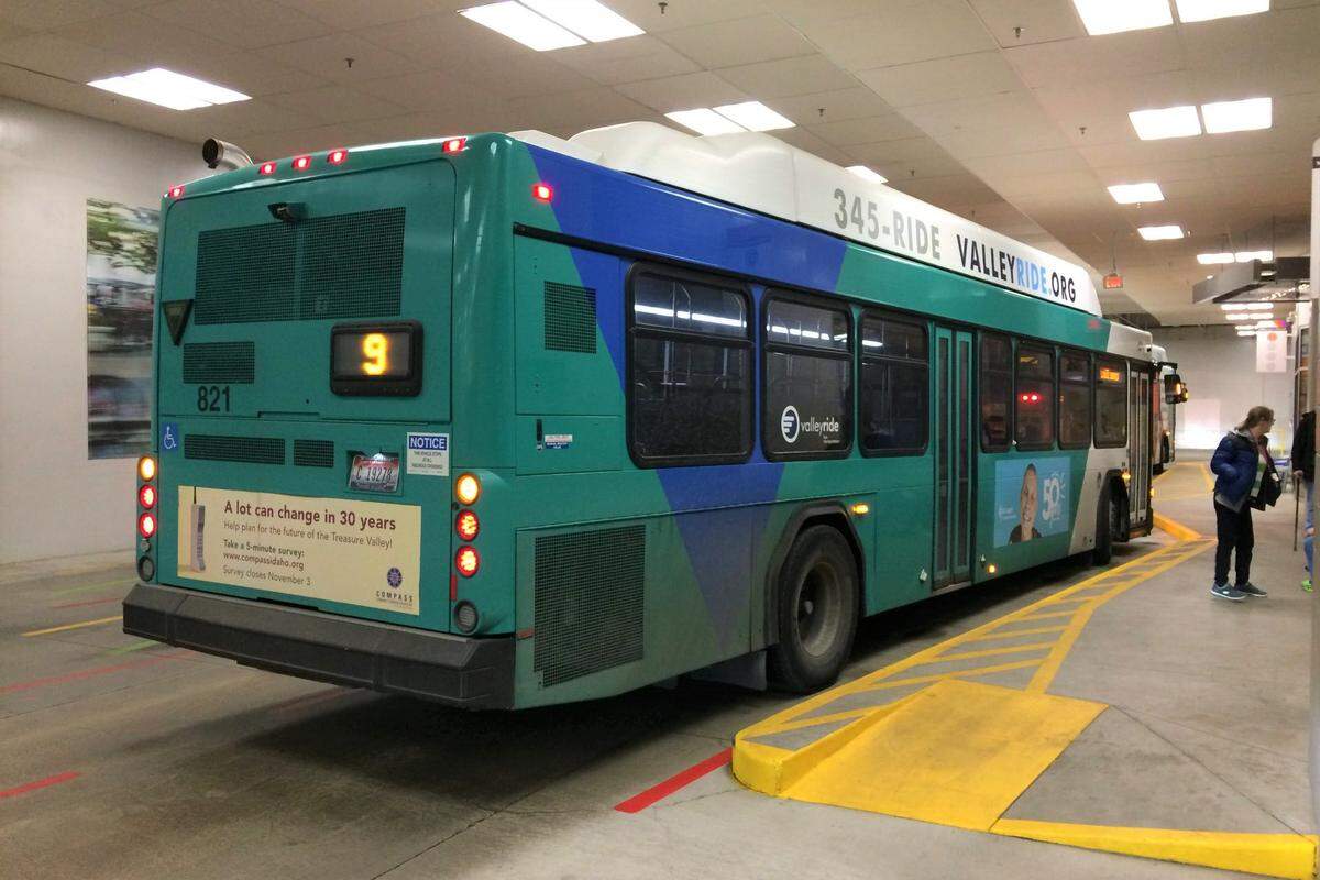 A ValleyRide bus serving the No. 9 (State Street) route at Boise’s Main Street Station.