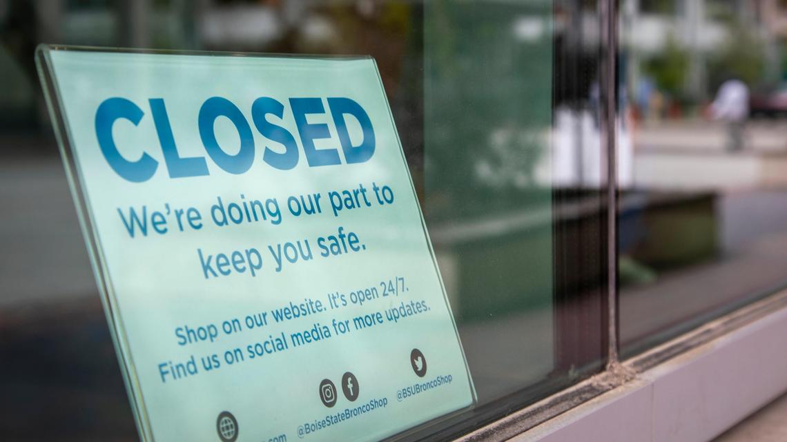 Boise State’s Bronco Shop on Main Street is closed. Retail shops are among the first businesses that can reopen under Gov. Little’s plan.