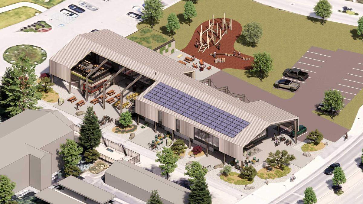 This northwest-facing aerial rendering of the proposed Idaho River Sports development shows a playground and open spaces with seating for food options. Whitewater Boulevard is at bottom right.