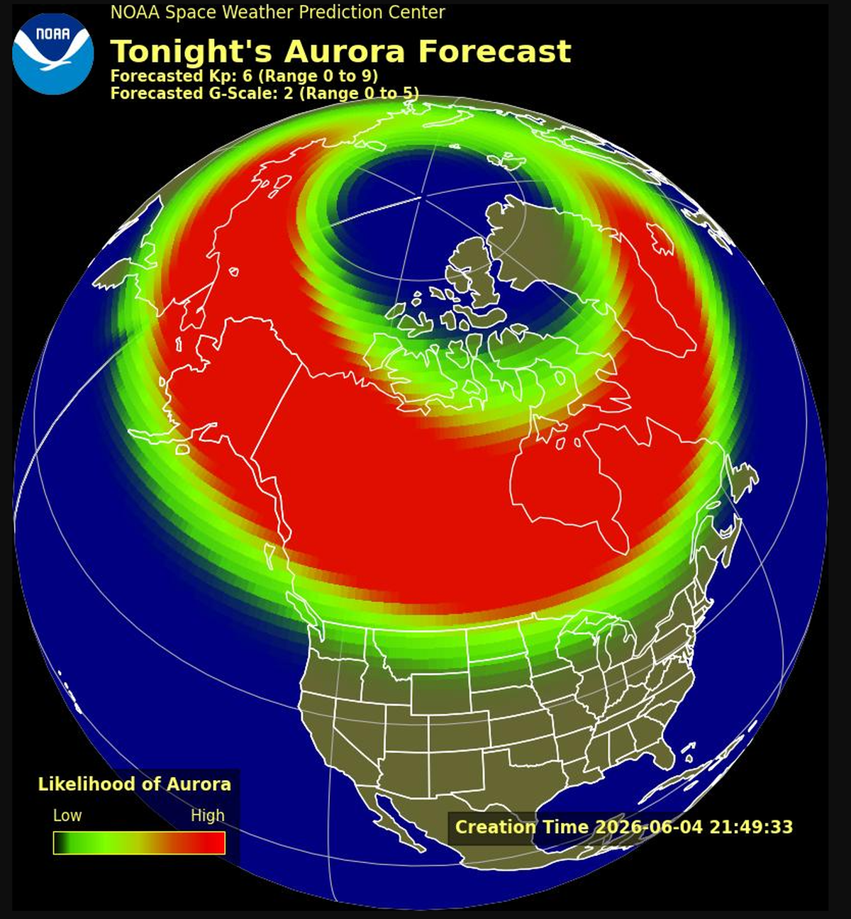 Aurora borealis predicted forecast for Tuesday, June 4.