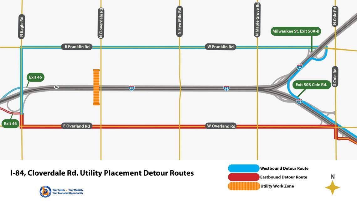 Vehicles traveling on I-84 early on Monday, May 10, will be diverted to East Overland and East Franklin roads.