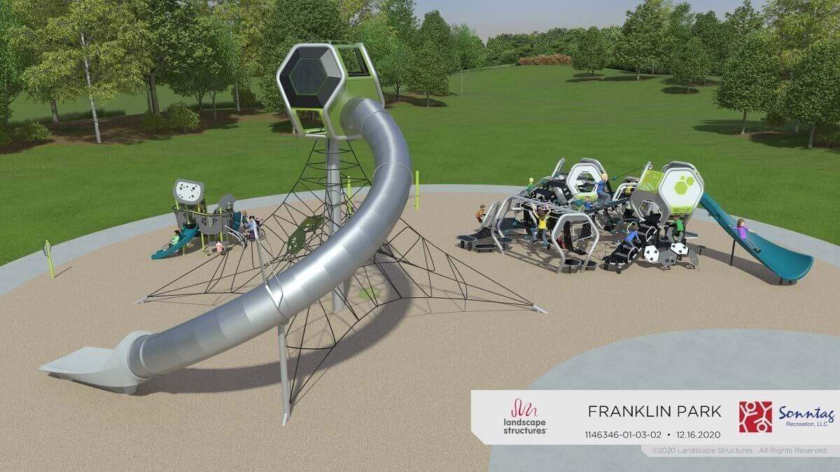 A rendering of playground equipment that is being added to Franklin Park, located at the site of the former Franklin School at Franklin and Orchard streets on the Boise Bench.