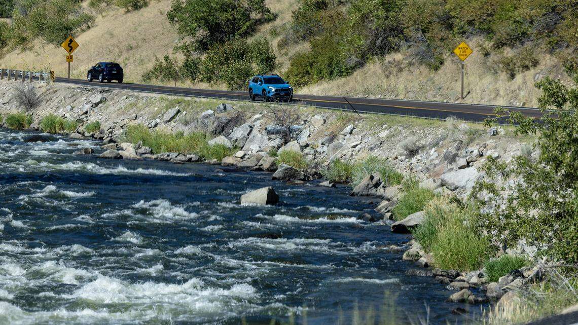 Traffic follows the Payette River on the winding section of Idaho's State Highway 55, August 15, 2025 near Banks. 