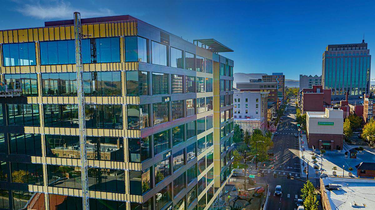 The nine-story 11th & Idaho building, developed by Rafanelli & Nahas, is nearing completion at the corner of 11th and Idaho streets in downtown Boise. This view looks east. Provided by TOK Commercial