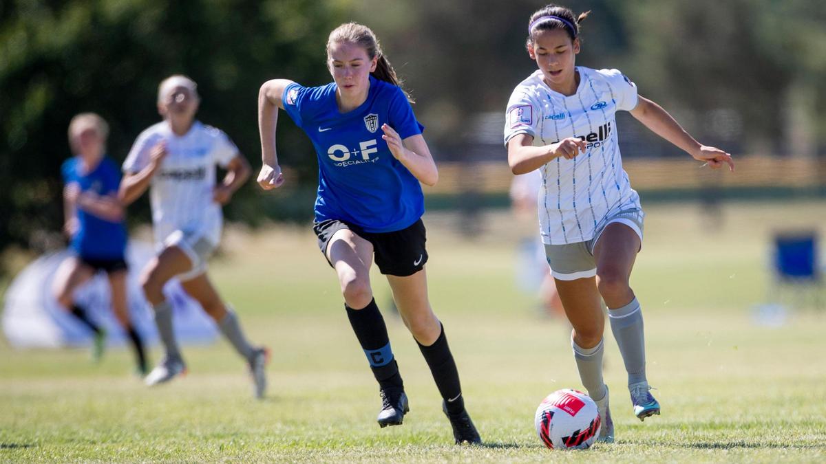 Idaho Rush forward Kunie Hirai pushes the ball deep against United PDX (Portland) in the U-15 Girls semifinals of the U.S. Youth Soccer Far West Regional Championships, Saturday, June 25, 2022 at Simplot Sports Complex in East Boise.