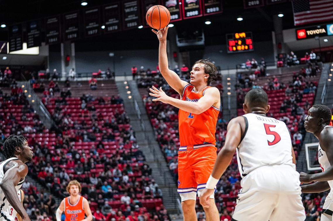 Freshman forward Tyson Degenhart scored 12 of his 14 points in the second half of Boise State’s 42-37 victory over San Diego State on Saturday at Viejas Arena.