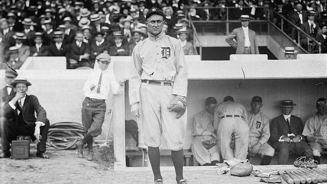 Baseball great Ty Cobb, of the Detroit Tigers. During his 24-season career, the cantankerous Cobb achieved a lifetime batting average of .366, won 12 batting titles, hit over .400 three times, and batted at least .300 for 23 consecutive years. He was elected to the Baseball Hall of Fame in 1936.
