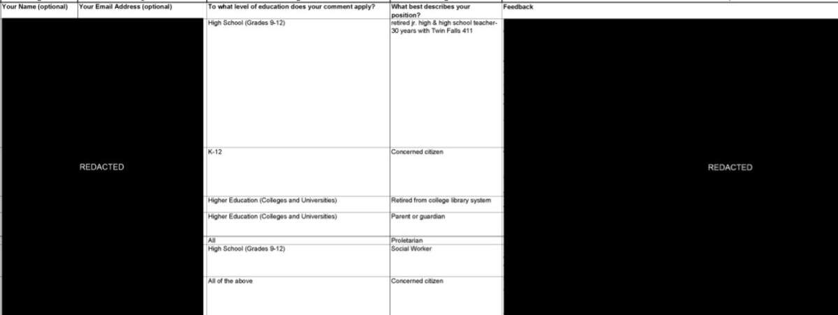 This is a sample of one of the pages from a redacted spreadsheet of feedback to an education indoctrination task force from the office of the Idaho lieutenant governor in response to a public records request from Idaho Capital Sun reporter Audrey Dutton.