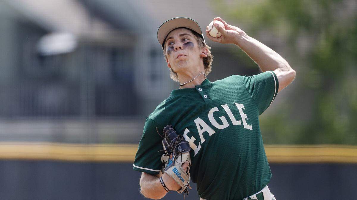 Eagle senior Dallin Snooks pitches during their game against Owyhee for the 6A District Three baseball tournament championship title, held at Fort Boise, Saturday, May 2, 2026. Owyhee won 4-2.