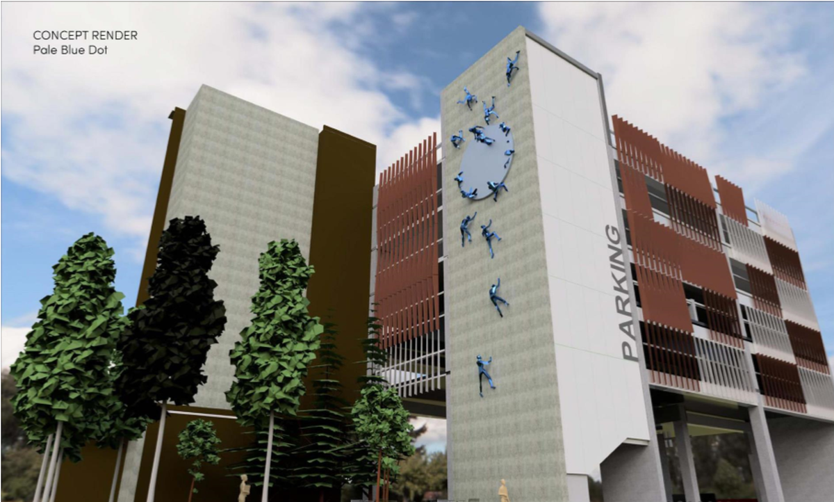 This is the view that westbound Front Street commuters would have. of “The Pale Blue Dot,” a public art work, planned for installation next year on this corner of the new 6-story parking garage on Front Street between 5th and 6th streets. The garage, the adjoining Home2Suites by Hilton Boise Downtown, and a small public plaza, bottom left, are already open.
