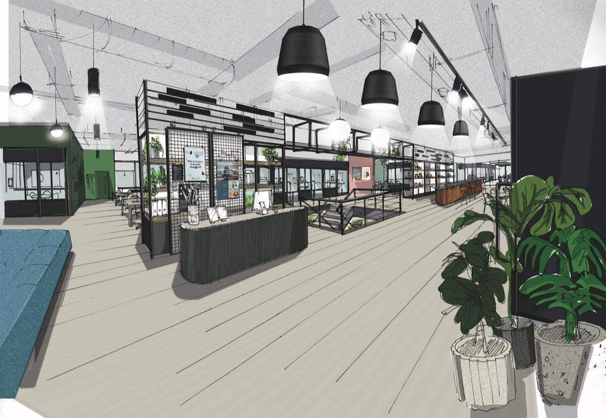 This artist’s rendering shows the design of Kiln’s planned coworking space at Eagle View Landing in Meridian.