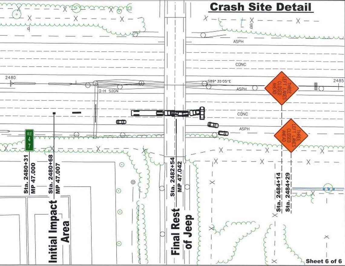 A National Transportation Safety Board drawing shows where a semi-truck driven by Illya Tsar struck a Jeep Wrangler occupied by three airmen stationed at Mountain Home Air Force Base on Interstate 84. The vehicles, which had been eastbound, shown left to right on the drawing, came to a stop under the Cloverdale Road overpass.